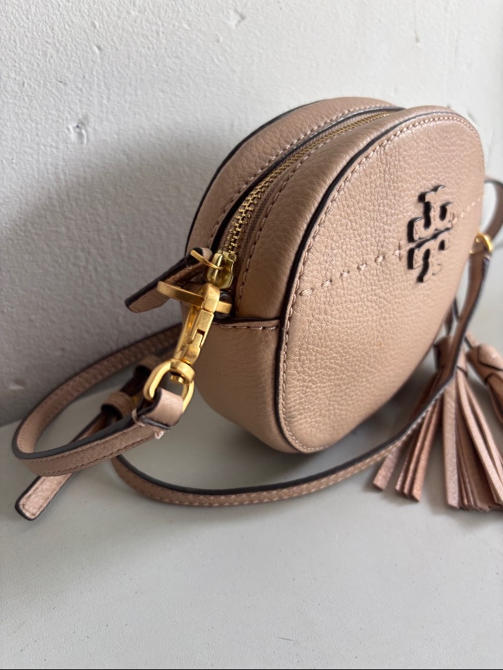 Tory Burch McGraw Blush Beige Pebbled Leather Tassel Crossbody - Picture 2 of 10